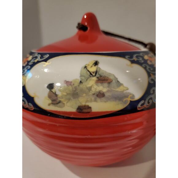 Red And Blue Decorative Urn With Suctioned On Lid With Tassle - Picture 7 of 10